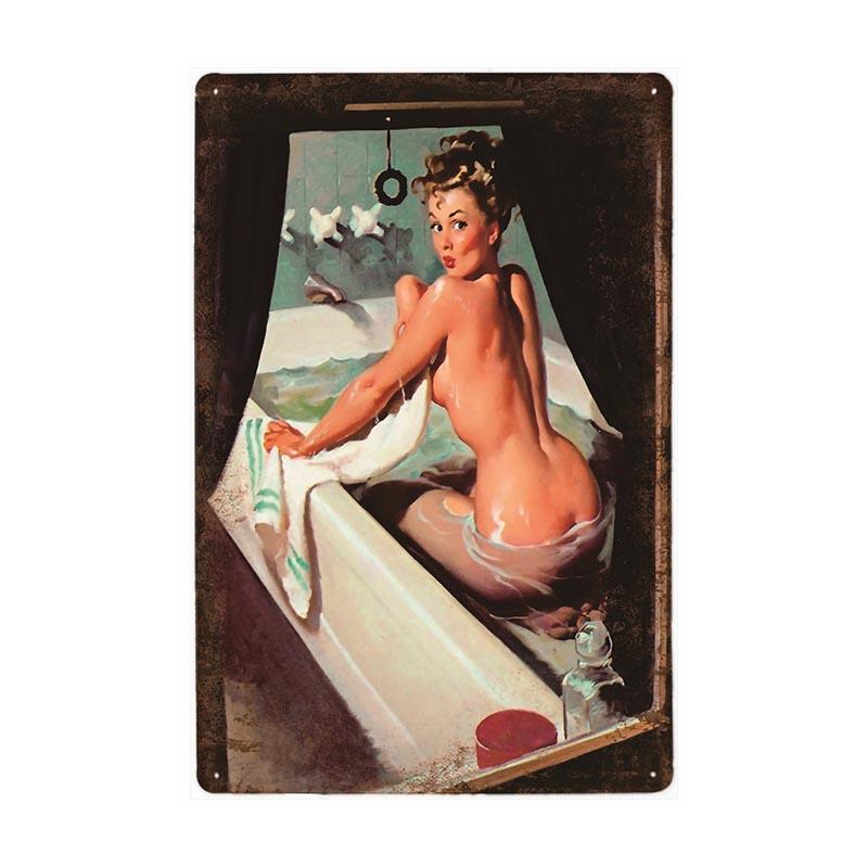 plaque-metal-vintage-pin-up-baignoire Plaque Métal Vintage Pin-up Baignoire