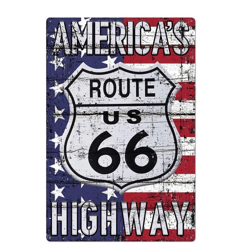 plaque-metal-vintage-route-66-drapeau-usa plaque métal vintage route 66 drapeau usa