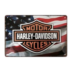 plaque métal harley davidson et drapeau americain